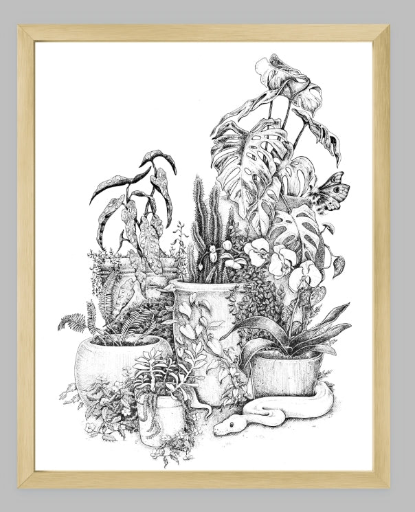 Print, Pen and Ink, Floral Bouquet, Moody Dark Wall Art (9x12") unframed