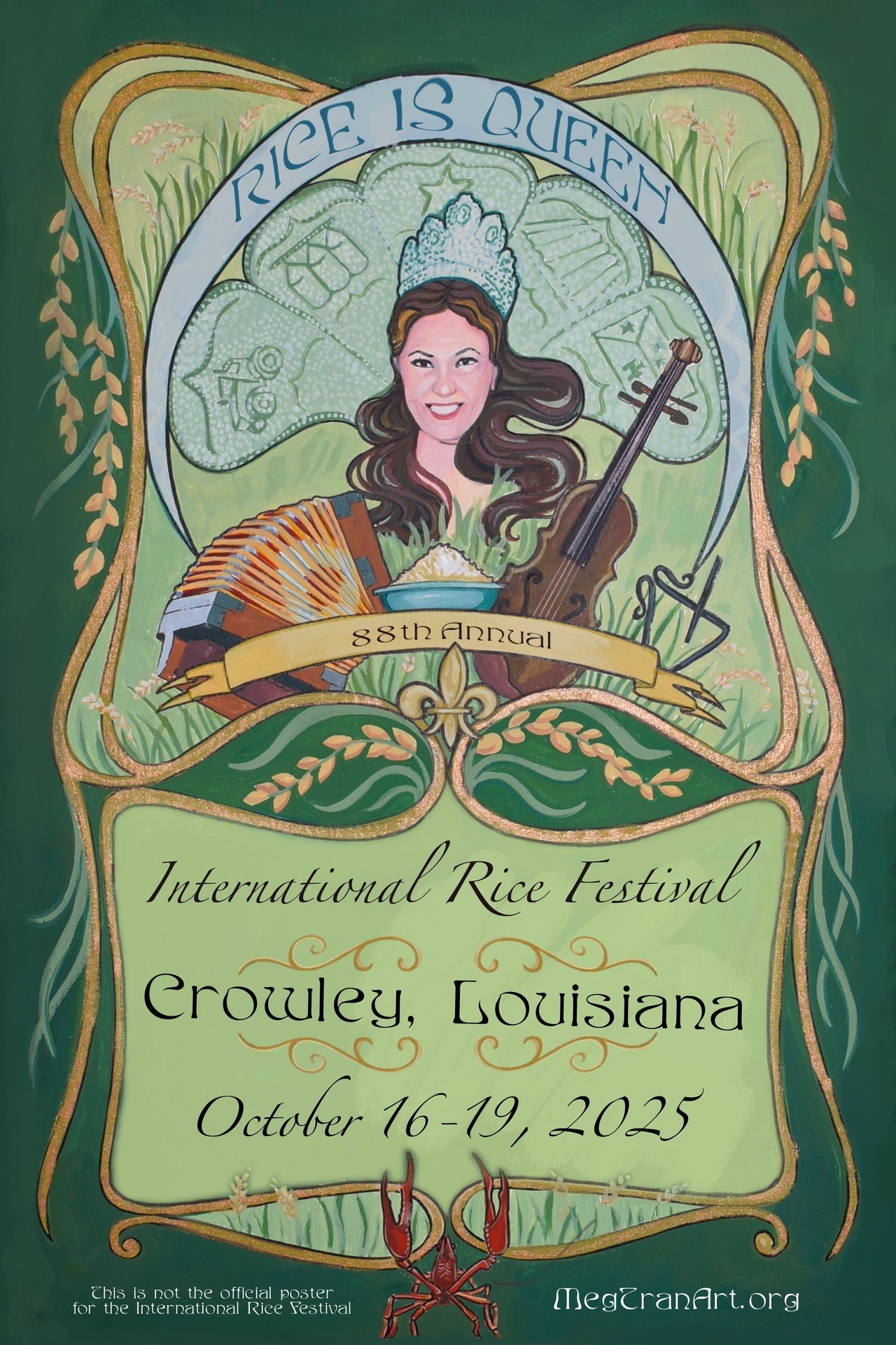 Promotional poster for the 88th Annual International Rice Festival in Crowley, Louisiana featuring a woman with a musical instrument.