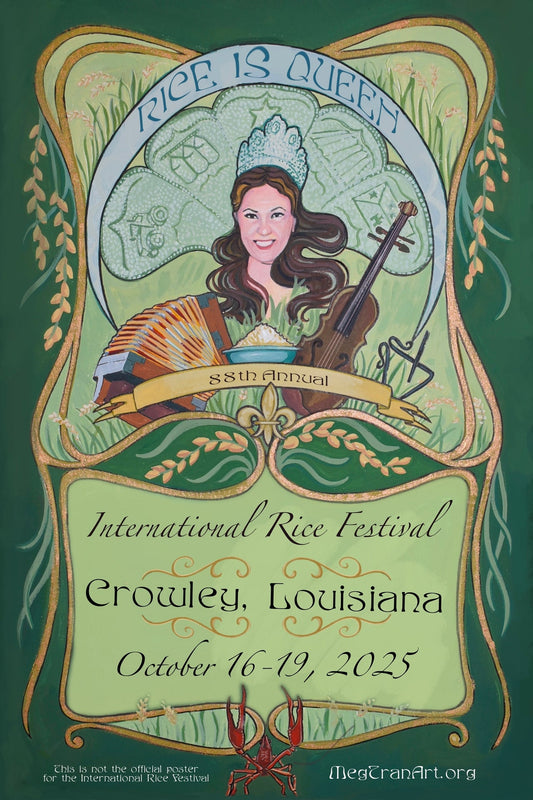 Promotional poster for the 88th Annual International Rice Festival in Crowley, Louisiana featuring a woman with a musical instrument.