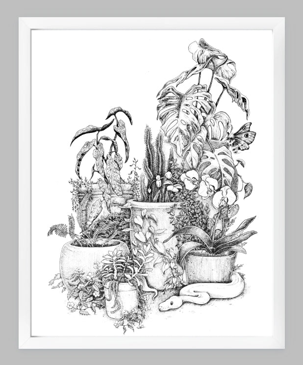Print, Pen and Ink, Floral Bouquet, Moody Dark Wall Art (9x12") unframed
