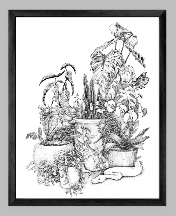 Print, Pen and Ink, Floral Bouquet, Moody Dark Wall Art (9x12") unframed