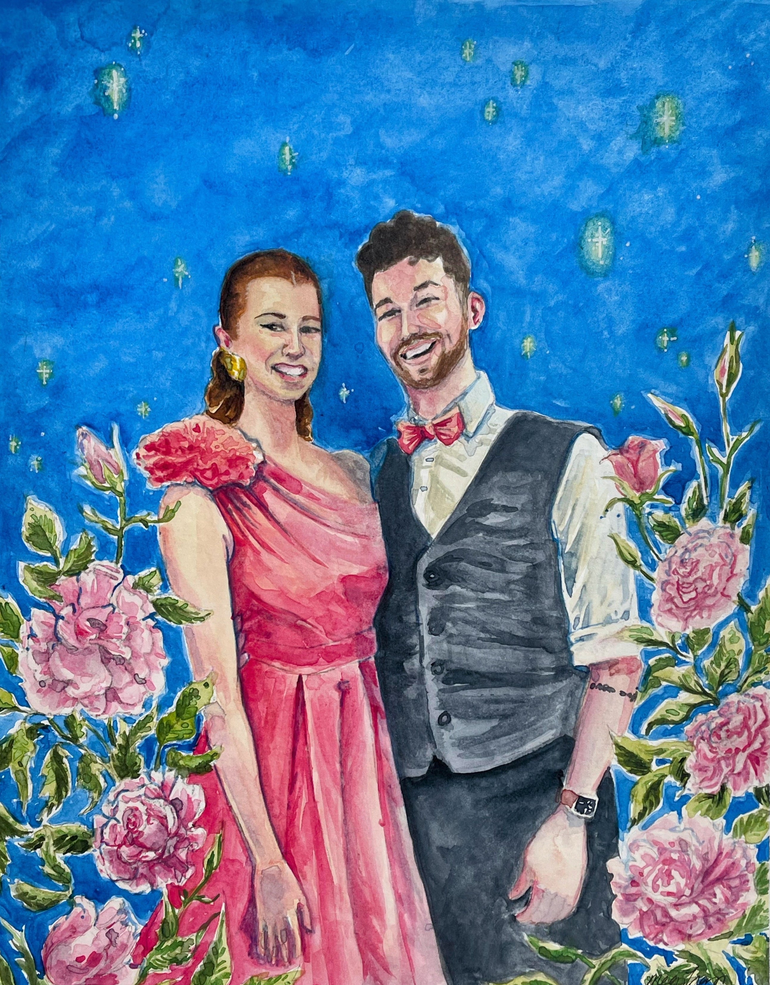 Illustration of a couple in formal attire with a blue background and floral elements.