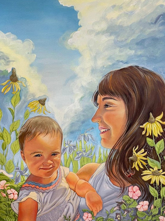 painting of a woman and child with flowers and clouds.