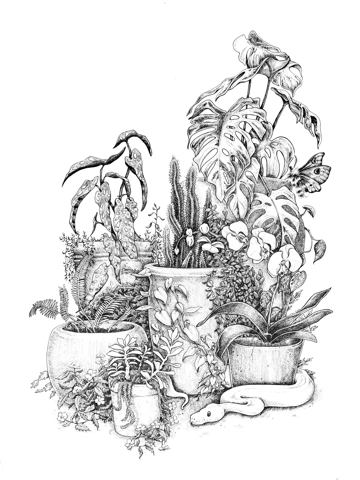 Print, Pen and Ink, Floral Bouquet, Moody Dark Wall Art (9x12") unframed