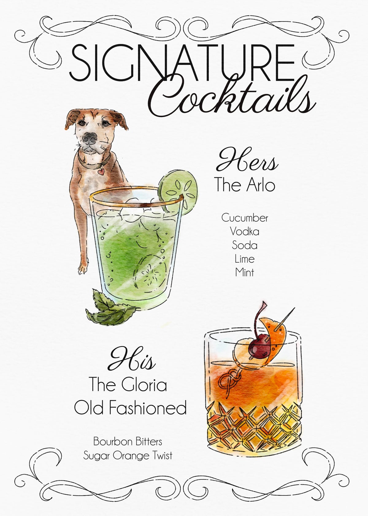 Illustrations for print on cards, menus, or stationary